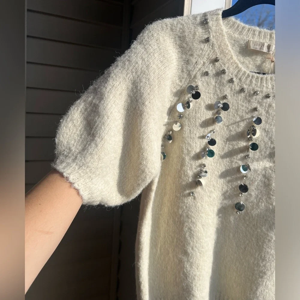 🆕🌾✨De Royal Italy Wool Alpaca Blend Sequin Cream Sweater Knit Top Holiday Size S